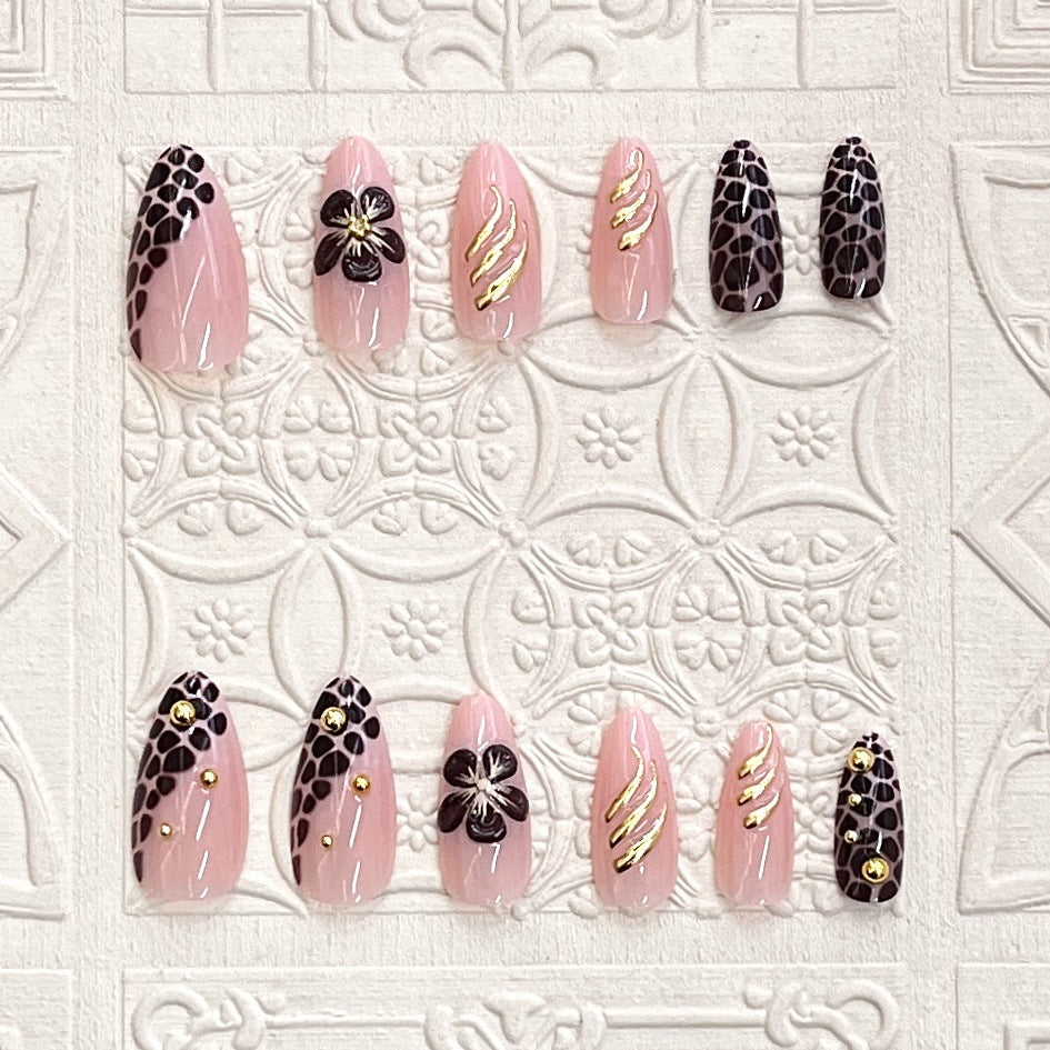 Artistic Press-On Nail Set with Floral and Leopard Accent Stornfield