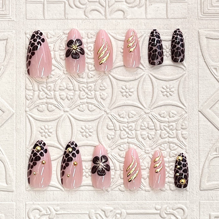 Artistic Press-On Nail Set with Floral and Leopard Accent Stornfield
