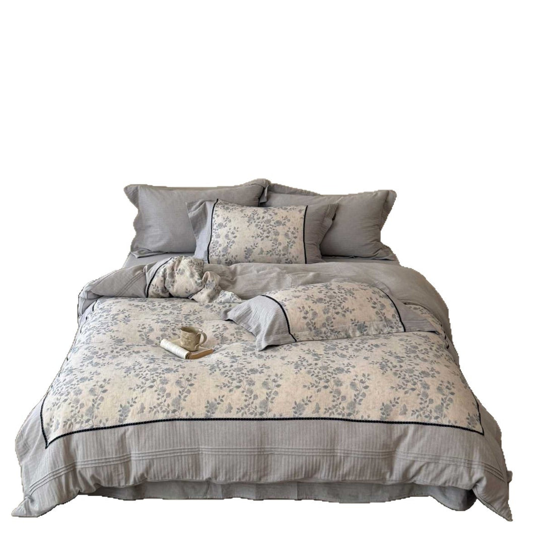 Floral Washed-Linen Cotton Blend Duvet Cover Set with Quilted Top and Piped Shams