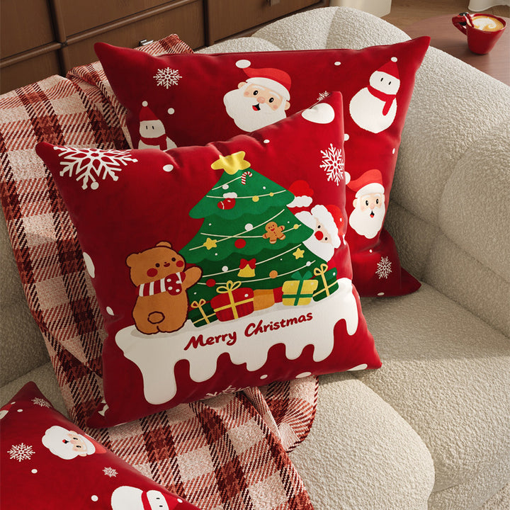 Christmas Velvet Decorative Throw Pillow Cover with Plush Holiday Illustration and Hidden Zipper