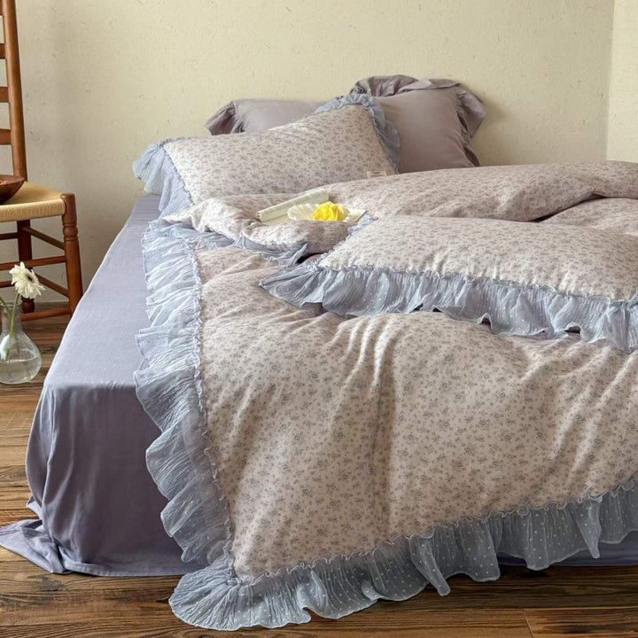 Ruffled-Trim Cotton Sateen Duvet Cover Set with Floral Microprint and Decorative Pillow Shams