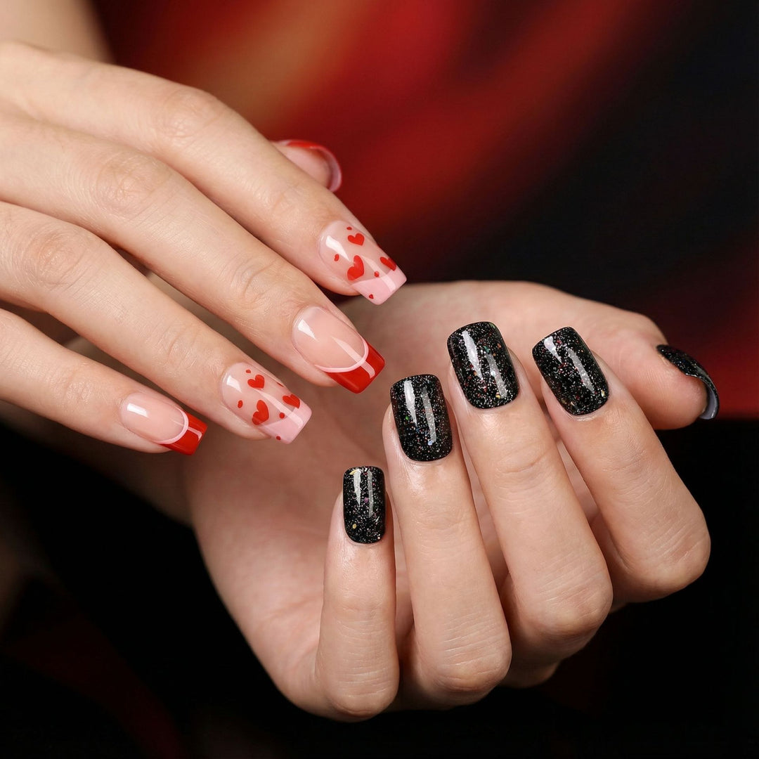 Creative artificial nails with heart design and glitter effects Stornfield
