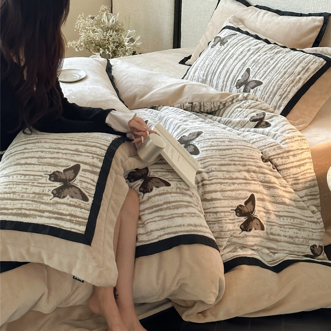 Quilted Velvet Duvet Cover Set with Embroidered Butterfly and Piped Edges