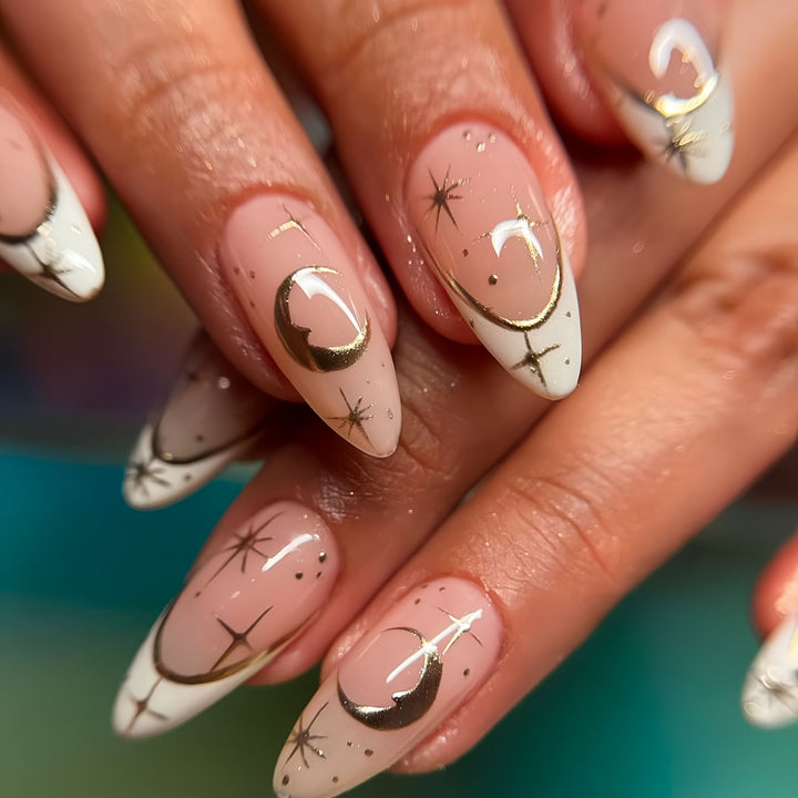 Artistic Stiletto Press-On Nail Extensions with Gold Accents Stornfield