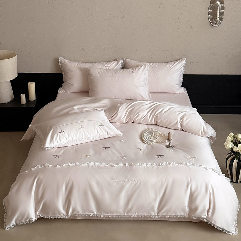 Brushed Sateen Duvet Cover Set with Mini Bow Embroidery and Ruffled Lace Trim