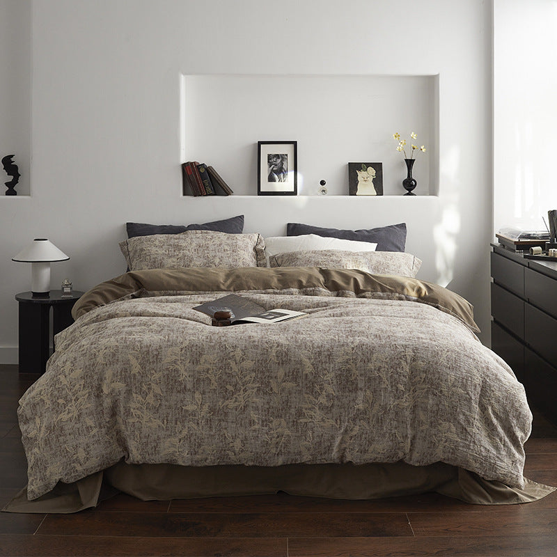 Luxury Breathable Linen Duvet Cover Set with Botanical Jacquard Texture
