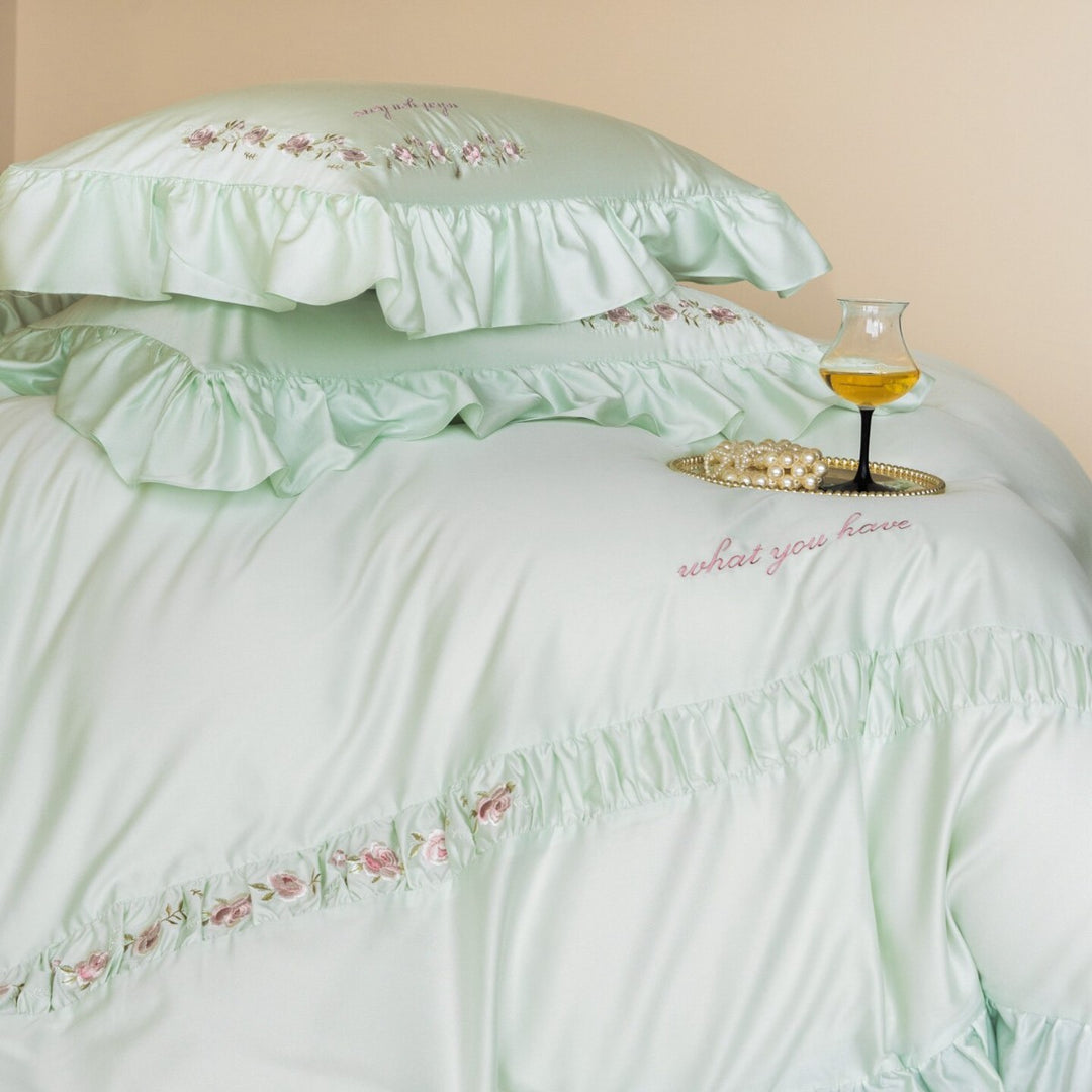 Frilled Embroidered Cotton Sateen Duvet Cover Set