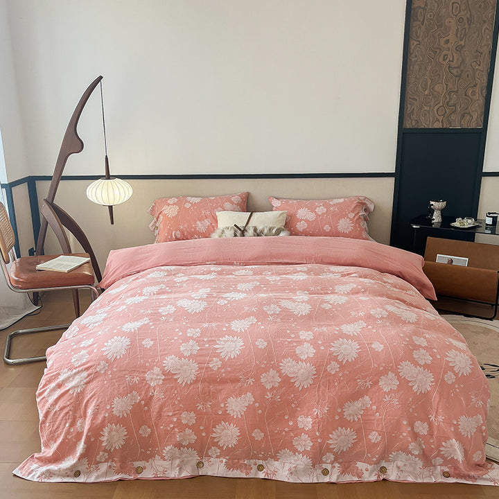 Reversible Cotton Floral Duvet Cover Set with Button Closure & Matching Pillow Shams