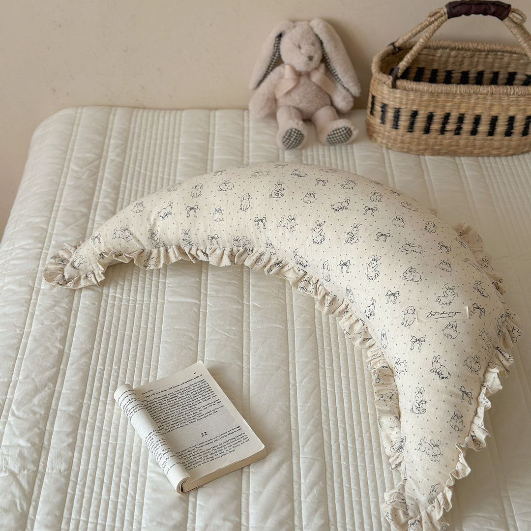 Ergonomic Cotton Maternity Nursing Support Pillow with Ruffled Cover and Bunny Print