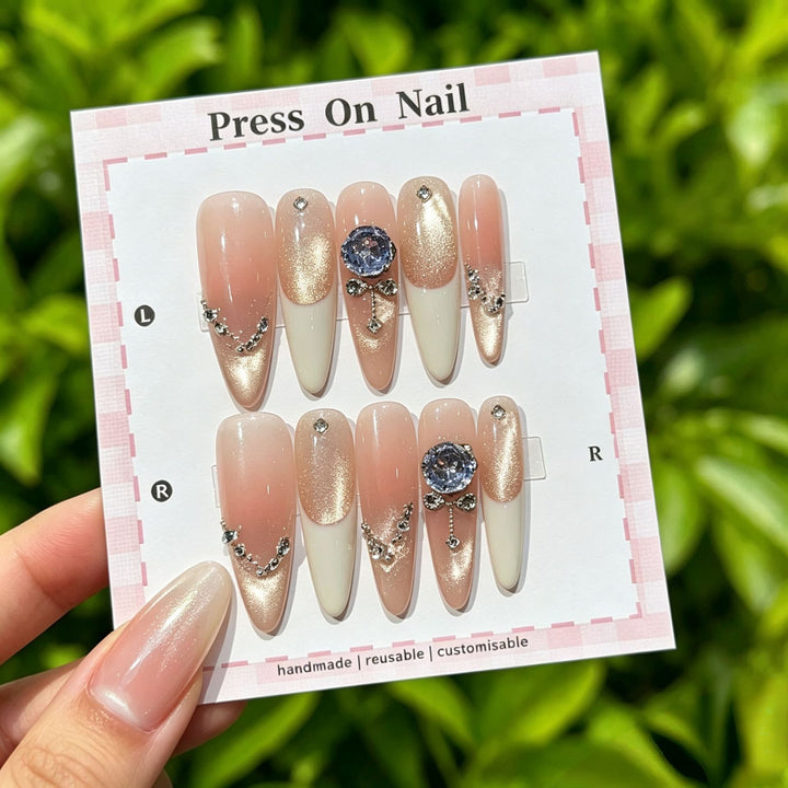 Decorative Press-On Nail Set with Gem Accents  1791774365