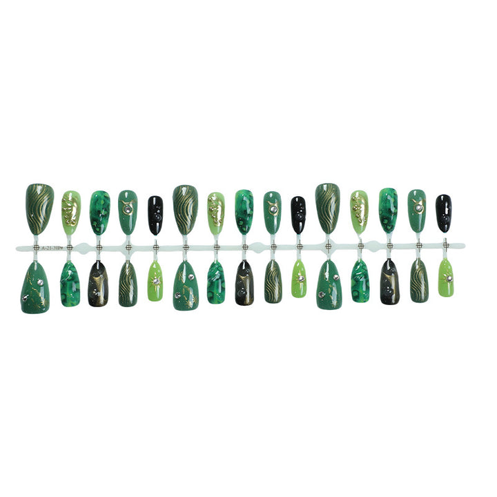 Artistic Press-On Nail Art Set with Emerald and Gold Designs Stornfield