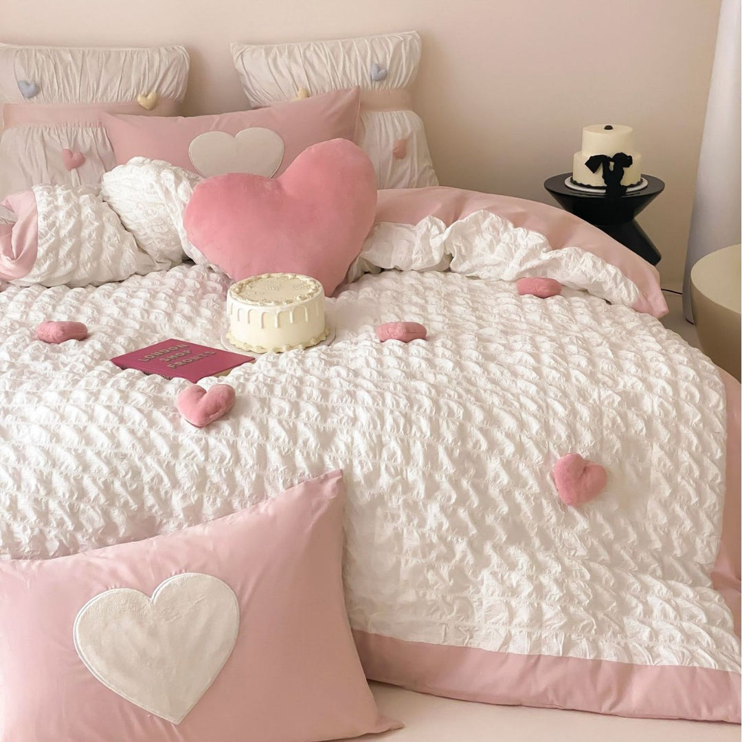 Heart Appliqué Textured Ruffled Duvet Cover Set