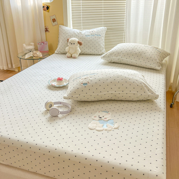 Plush Fitted Sheet and Pillowcase Set with Embroidered Kitten Plush Microfleece