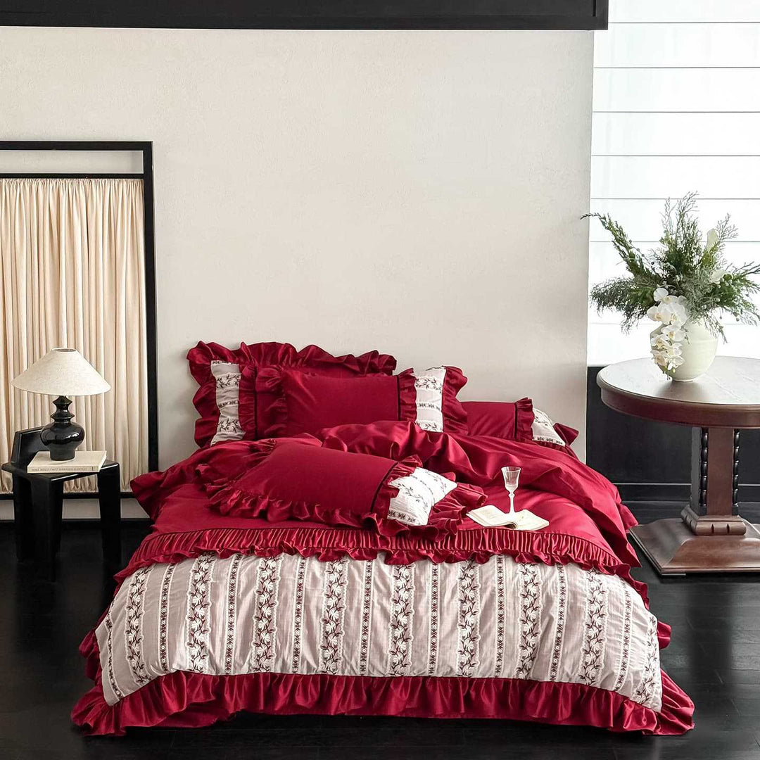 Luxurious Ruffle Bedding Set made of Satin with Embroidered Border