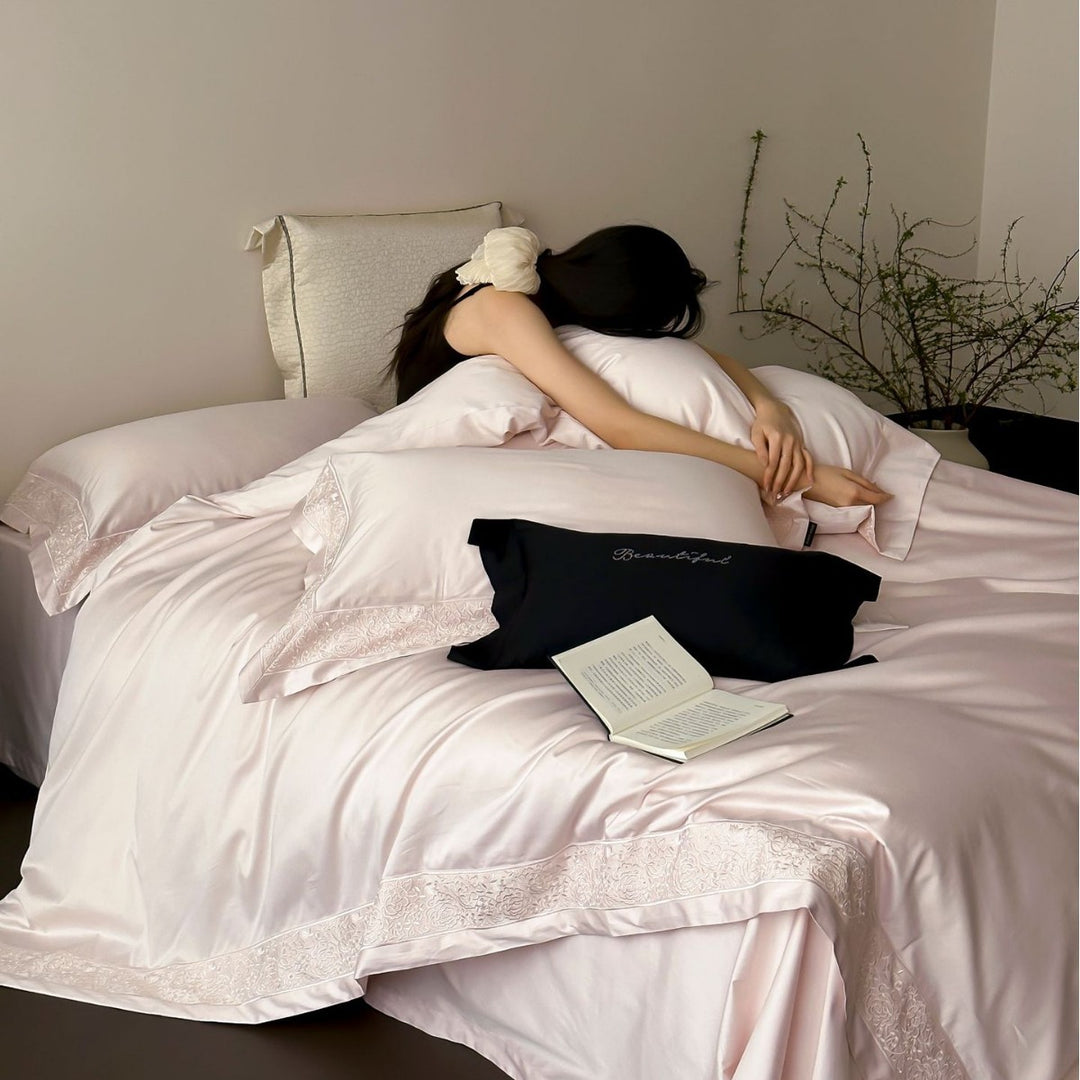 Luxury Satin-Feel Reversible Duvet Cover Set with Embroidered Hem and Pillow Shams