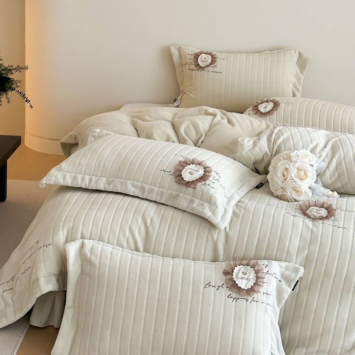 Quilted Sateen Duvet Cover Bedding Set with Appliqué Rosette & Embroidered Script