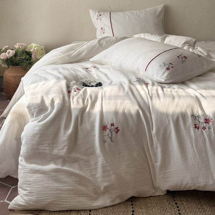 Embroidered Cotton Gauze Duvet Cover Set with Floral Motif and Envelope Pillow Shams