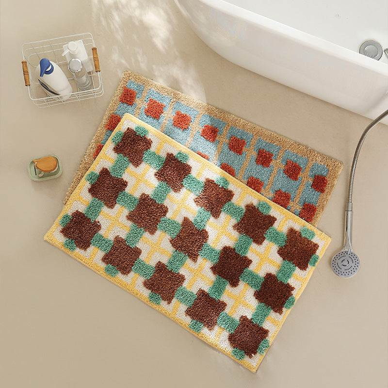 fluffy bath and floor mat made of cotton tufting with retro check pattern