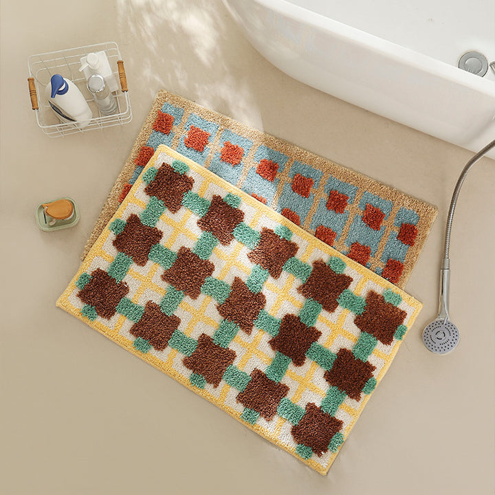 fluffy bath and floor mat made of cotton tufting with retro check pattern