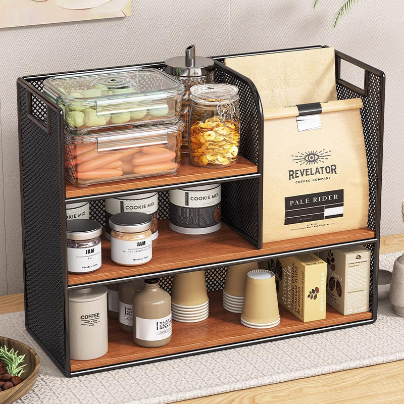 Metal Mesh Countertop Pantry Organizer with Multi-Tier Shelves and Vertical Bag Compartment