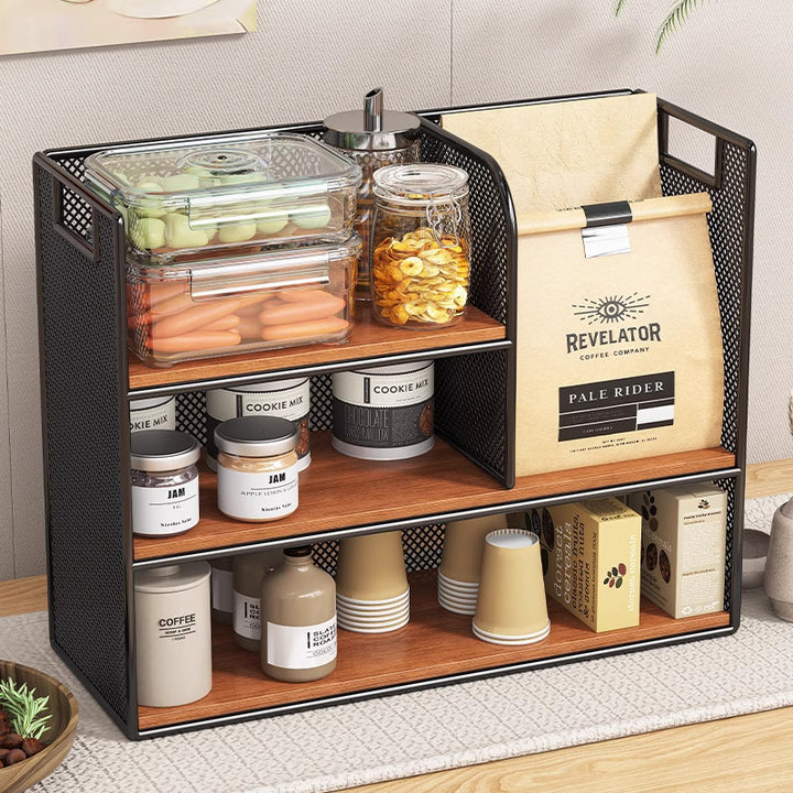 Metal Mesh Countertop Pantry Organizer with Multi-Tier Shelves and Vertical Bag Compartment