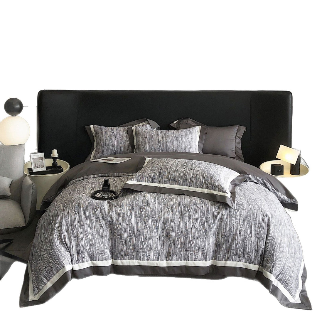 Reversible Cotton-Sateen Duvet Cover Set with Botanical Linear Print & Contrast Border