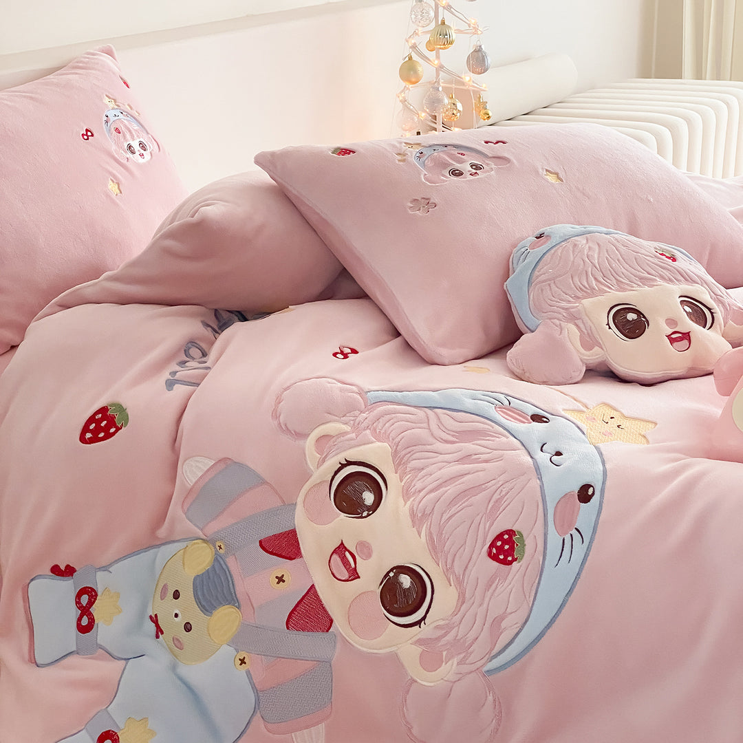 Children's bedding set with 3D plush cat appliqué and reversible function
