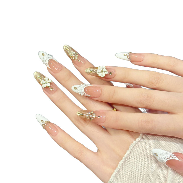 Decorative Press-On Nail Art Set with Elegant Pearl and Gem Accents