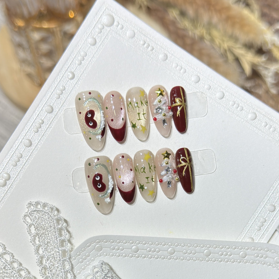 Festive Press-On Nail Art Set with Holiday Designs Stornfield