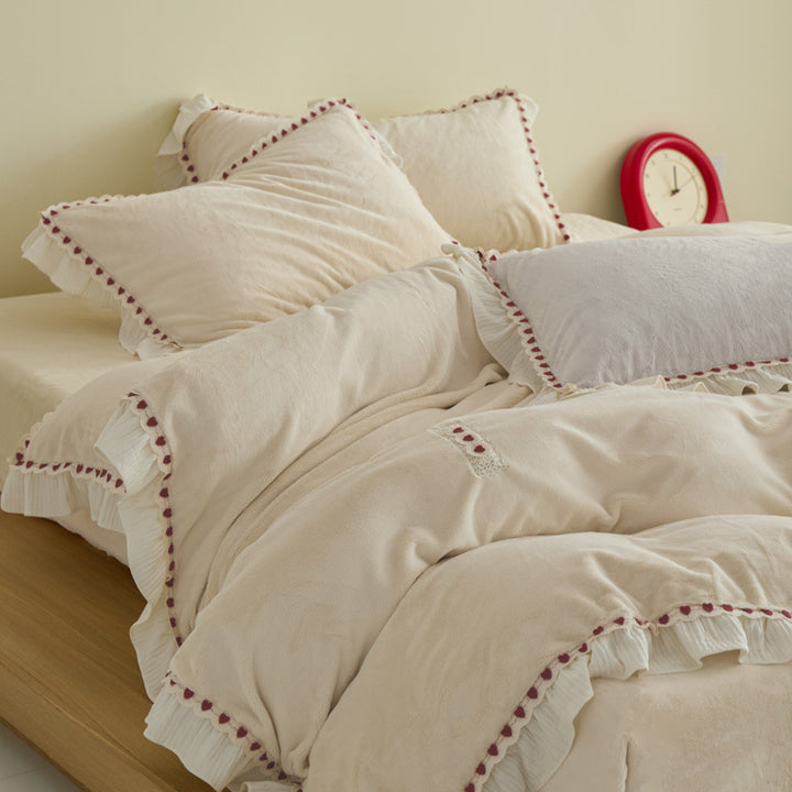 Plush Ruffled Pom-Pom Trim Duvet Cover Set