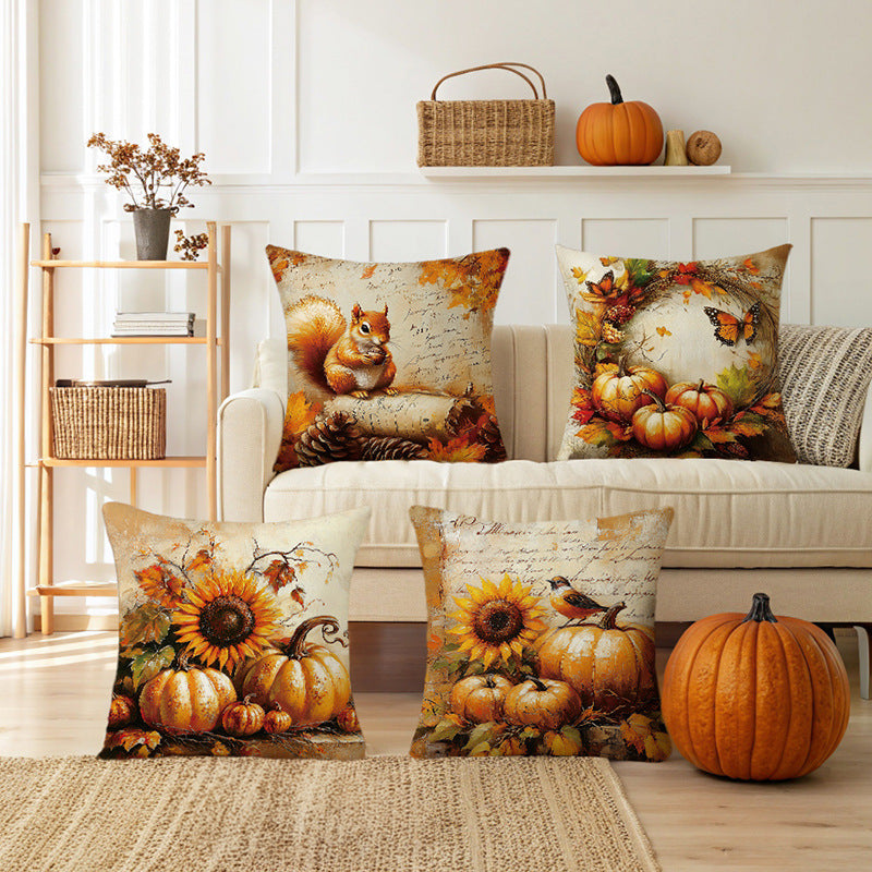 Autumn Harvest Sunflower & Pumpkin Linen-Texture Square Throw Pillow Cover with Hidden Zipper