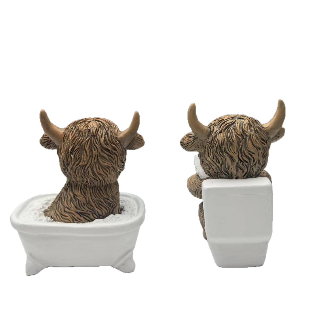 Funny decorative figure of a Highland cow in a bathtub Stornfield