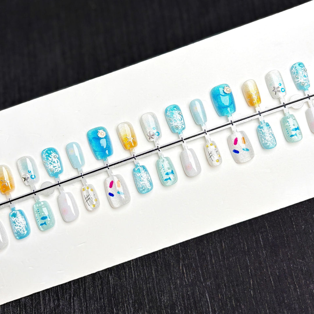 Decorative Press-On Nail Art Set with Oceanic Themes
