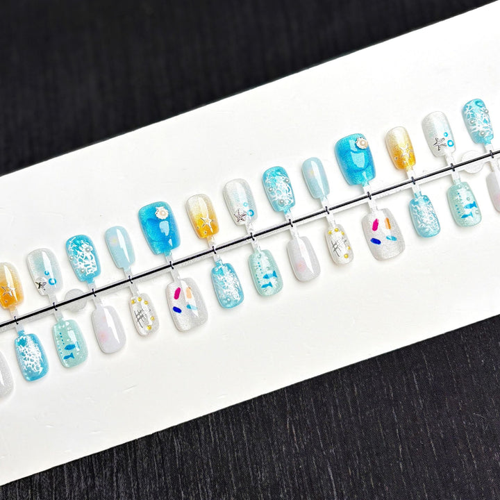 Decorative Press-On Nail Art Set with Oceanic Themes