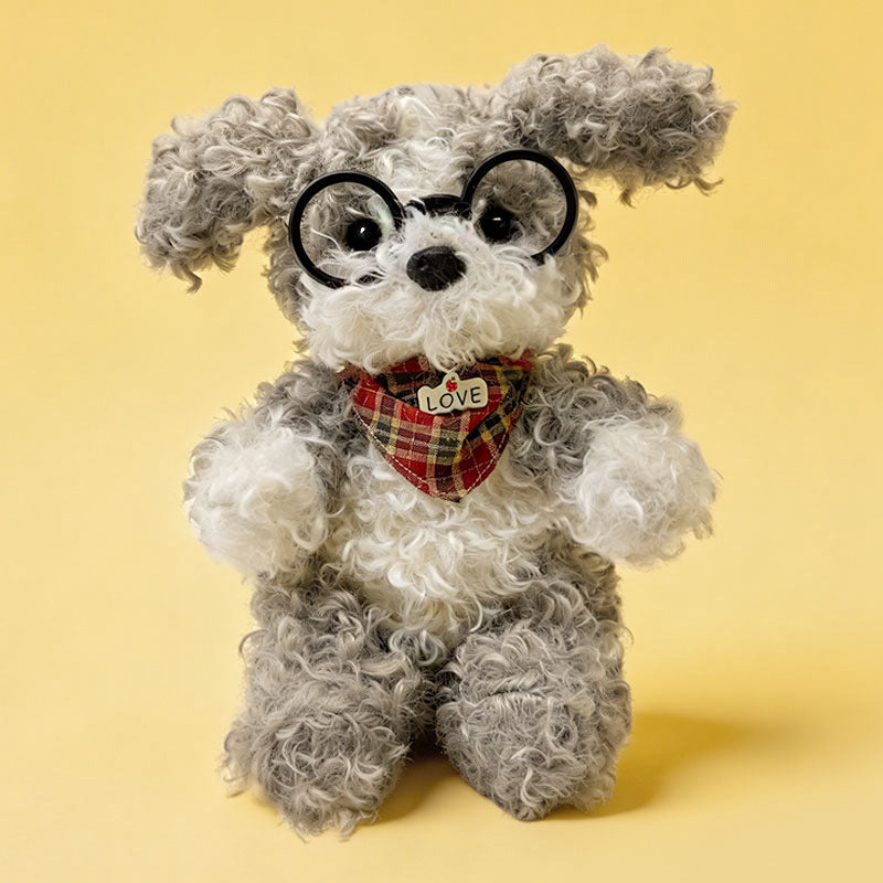 Curly-Fur Sitting Puppy Plush with Round Glasses & Plaid 'LOVE' Bandana Stornfield