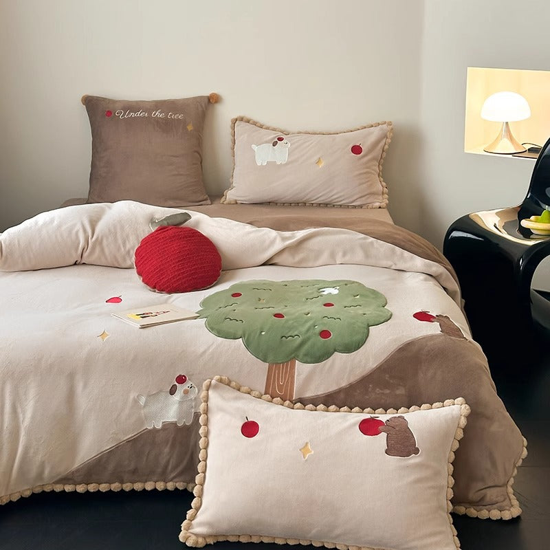 Plush Appliqué Pom-Pom Trim Duvet Cover Set