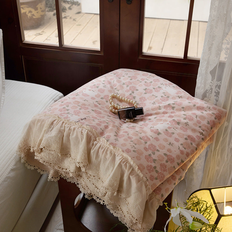 Floral Quilted Throw Blanket with Lace Ruffle Trim
