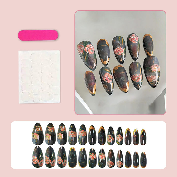Artificial nails with romantic rose motifs and elegant gold rim Stornfield