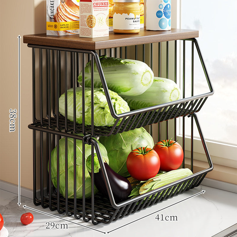 Two-Tier Countertop Vegetable and Pantry Storage Rack with Walnut Wood Top and Sliding Wire Basket
