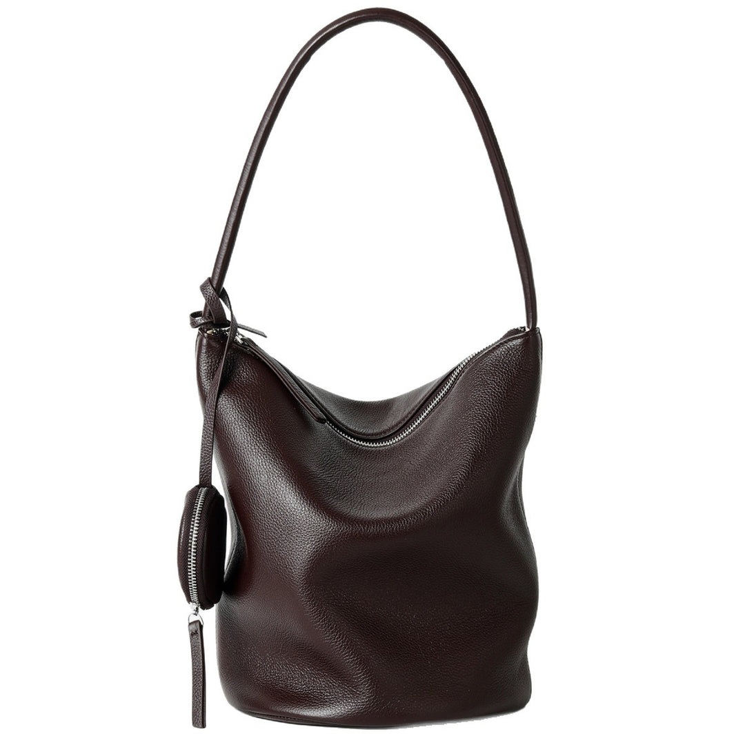 Slouchy Pebbled Bucket Hobo Bag with Curved Top Zip and Hanging Coin Pouch