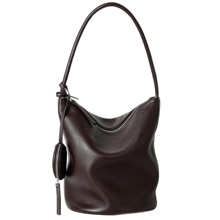 Slouchy Pebbled Bucket Hobo Bag with Curved Top Zip and Hanging Coin Pouch
