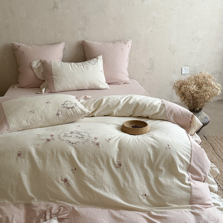 Embroidered Linen-Cotton Duvet Cover Set with Ruffled Shams & Decorative 'Good Night' Pillow