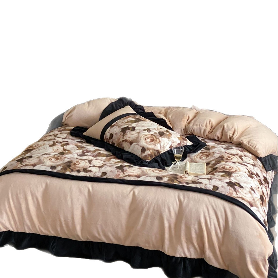 Ruffled Reversible Linen-Blend Duvet Cover Set with Botanical Print Panels & Tie Closures
