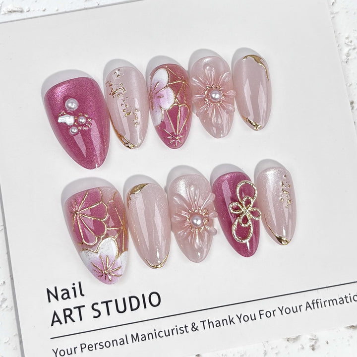 Decorative Press-On Nail Set with Floral and Jewel Accents