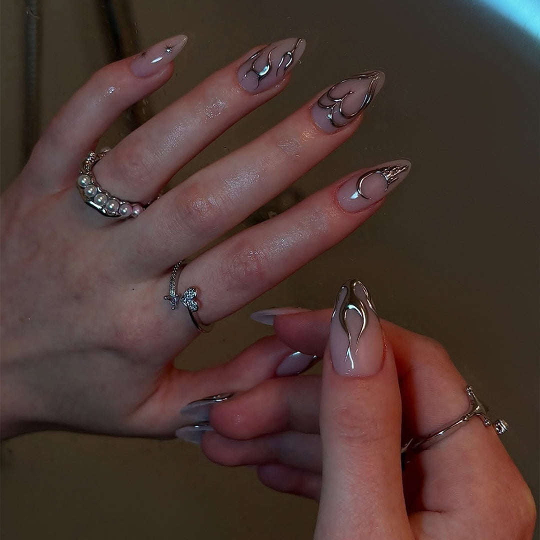 Decorative Press-On Nail Art Set with Metallic Flame Accents Stornfield