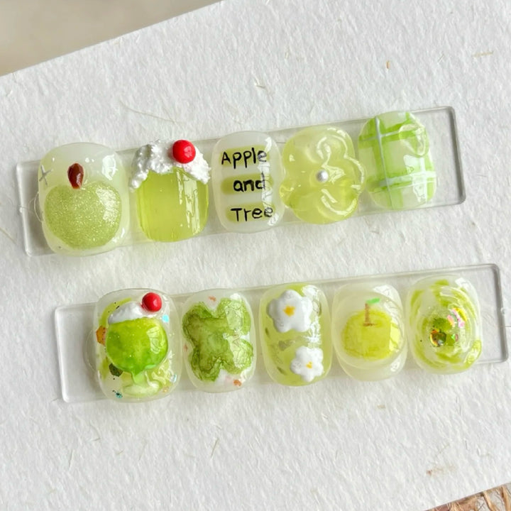 Artistic Press-On Nail Art Set with Apple and Floral Design
