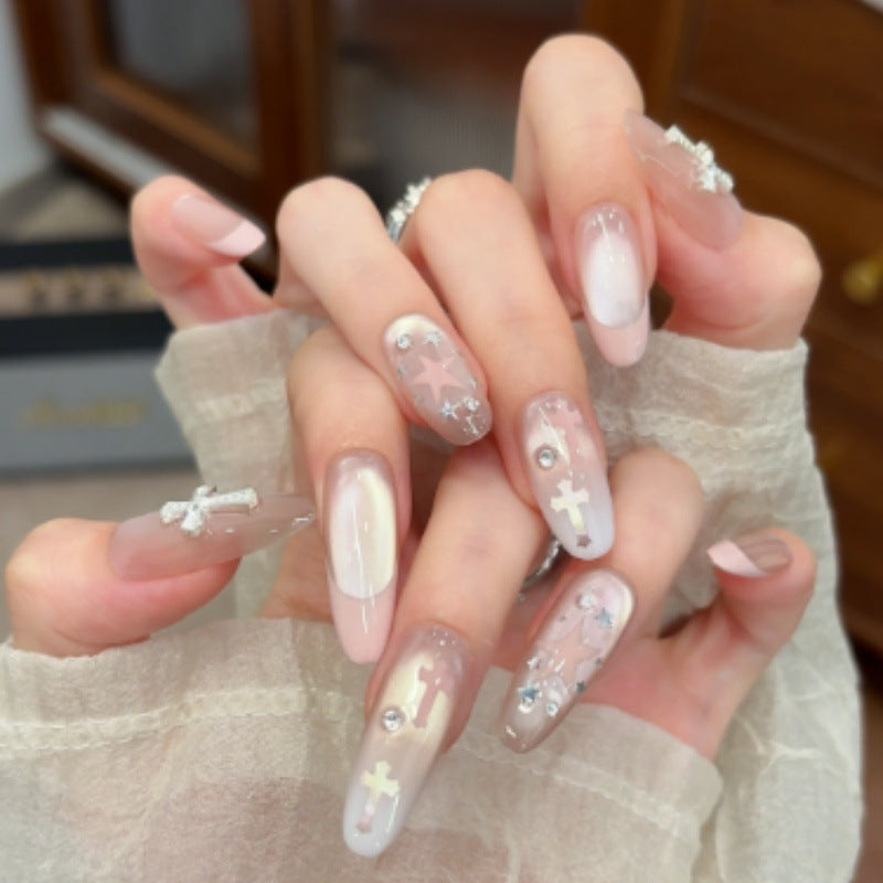 Artistic Press-On Nail Set with Decorative Cross Accents