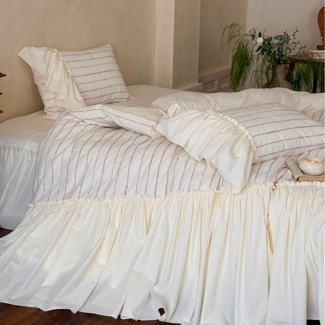 Ruffled Gathered Duvet Cover Set with Pleated Accent Pillowcases and Skirted Hem