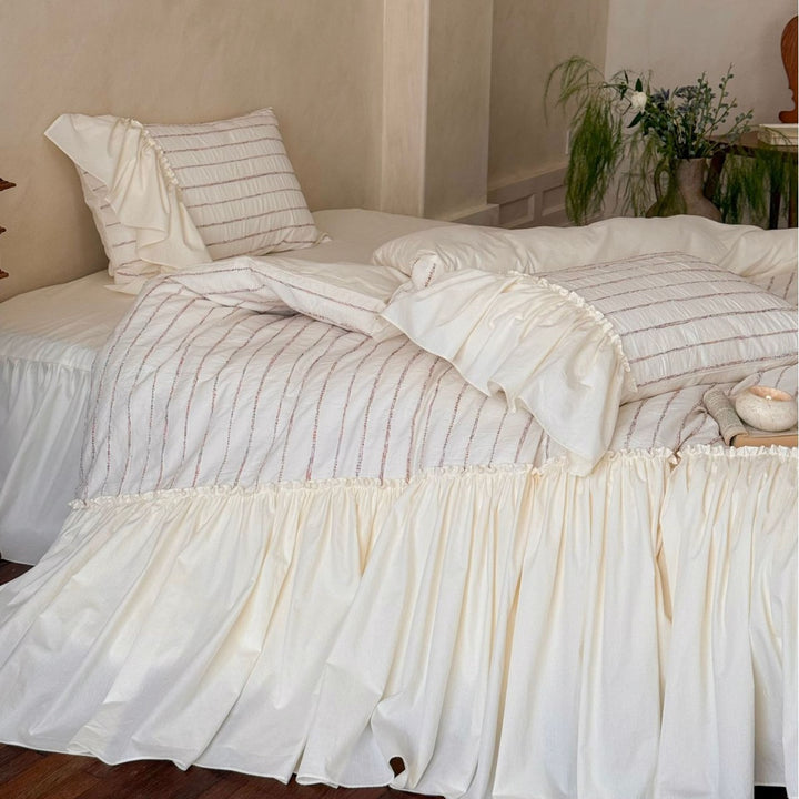 Ruffled Gathered Duvet Cover Set with Pleated Accent Pillowcases and Skirted Hem