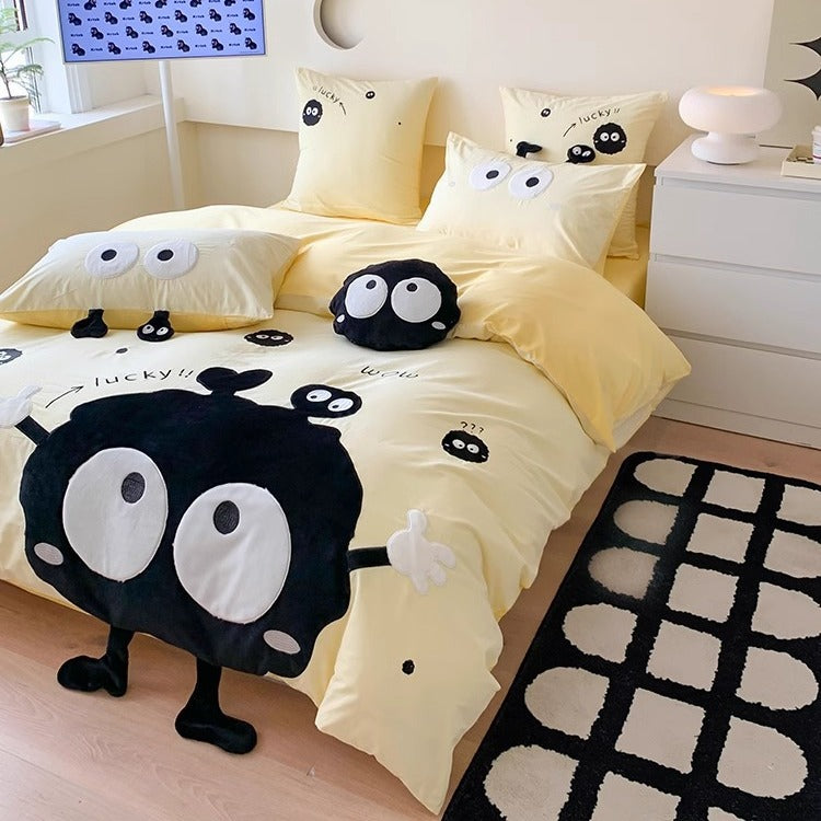 Cartoon Plush Applique Duvet Cover Set with Three-Dimensional Character and Matching Cushion